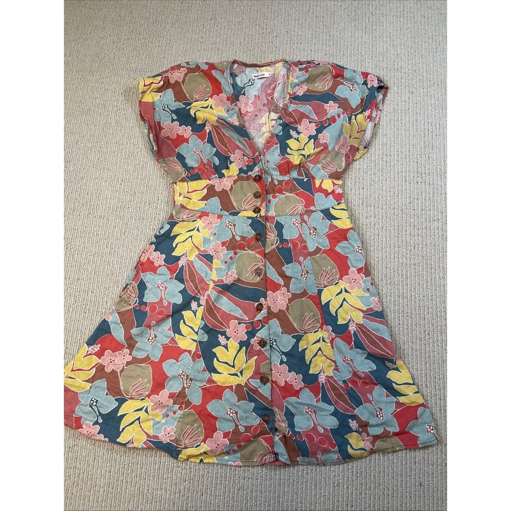 Marine Layer Camila Mini Dress Hemp Blend Hibiscus Floral Short Sleeve Medium